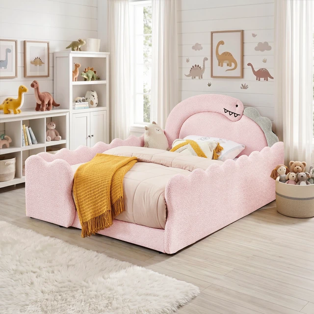 Alt view image 2 of 7 - Full Size Dinosaur Shaped Bed with Safety Guardraild, Solid Bed Frame for Boucle Fabric, Pink, Boucle, Beds Frames Bases