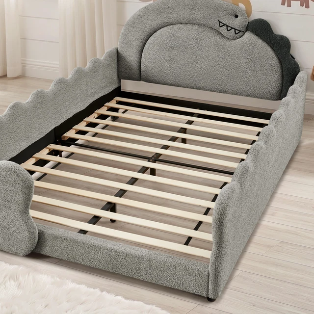 Alt view image 7 of 7 - Full Size Dinosaur Shaped Bed with Safety Guardraild, Solid Bed Frame for Boucle Fabric, Grey, Boucle, Beds Frames Bases