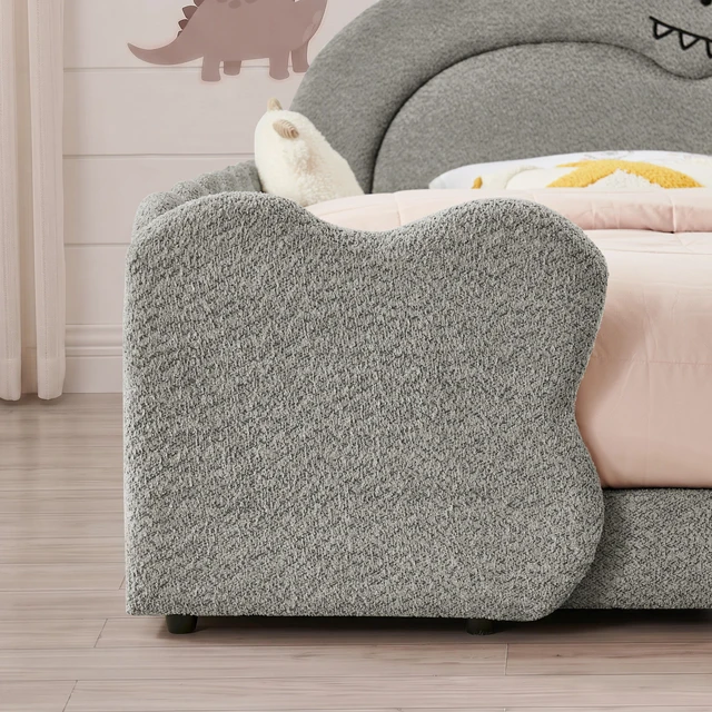 Alt view image 6 of 7 - Full Size Dinosaur Shaped Bed with Safety Guardraild, Solid Bed Frame for Boucle Fabric, Grey, Boucle, Beds Frames Bases
