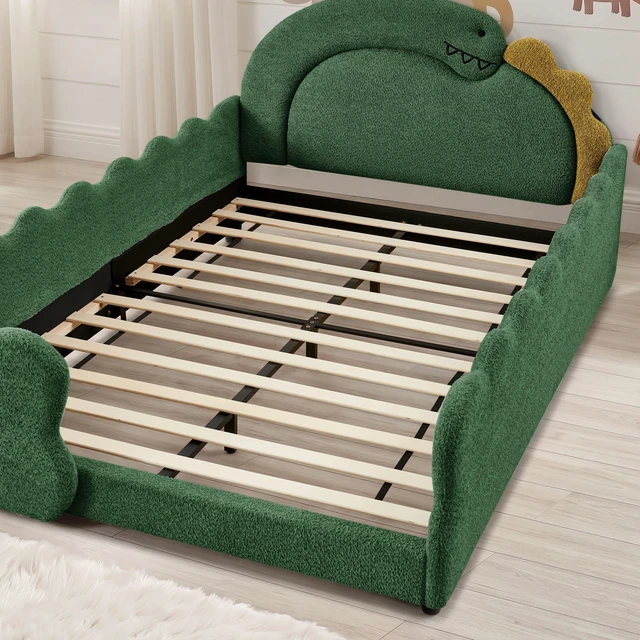 Alt view image 7 of 7 - Full Size Dinosaur Shaped Bed with Safety Guardraild, Solid Bed Frame for Boucle Fabric, Green, Boucle, Beds Frames