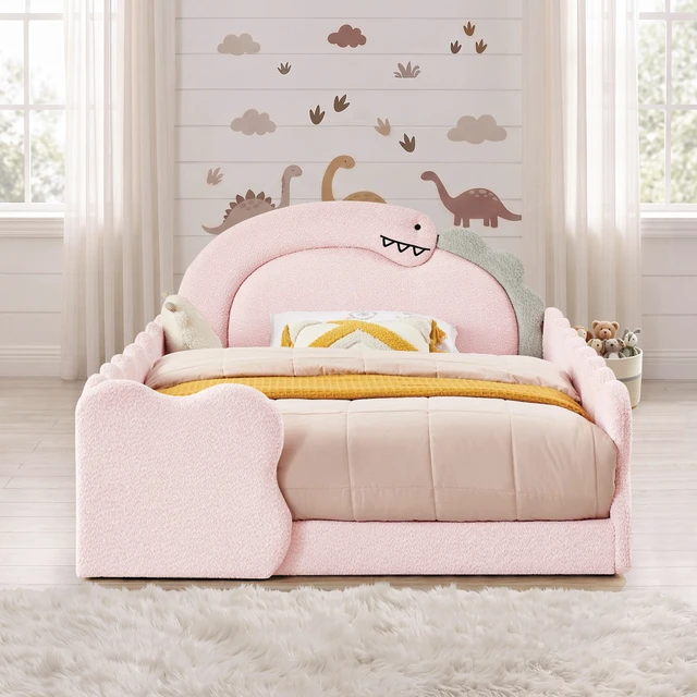 Main image of Full Size Dinosaur Shaped Bed with Safety Guardraild, Solid Bed Frame for Boucle Fabric, Pink, Boucle, Beds Frames Bases