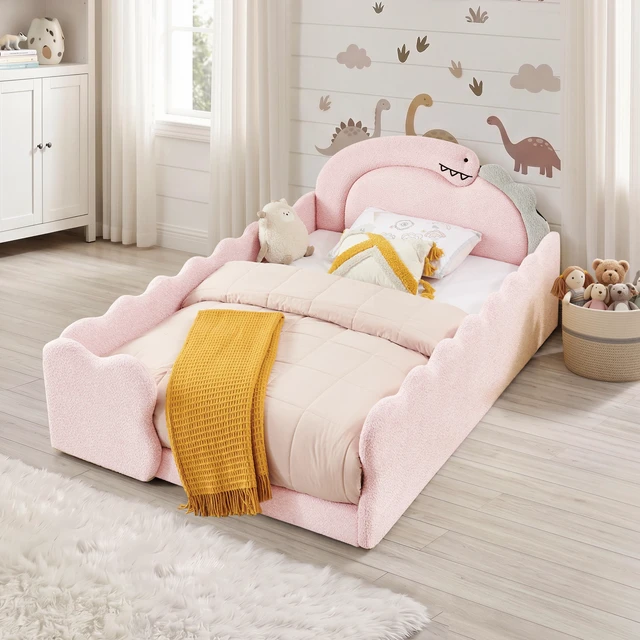 Alt view image 3 of 7 - Full Size Dinosaur Shaped Bed with Safety Guardraild, Solid Bed Frame for Boucle Fabric, Pink, Boucle, Beds Frames Bases