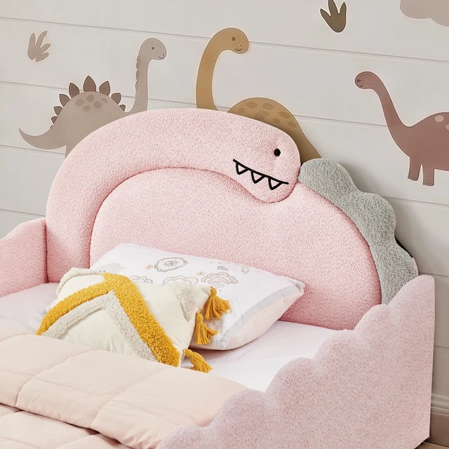 Alt view image 5 of 7 - Full Size Dinosaur Shaped Bed with Safety Guardraild, Solid Bed Frame for Boucle Fabric, Pink, Boucle, Beds Frames Bases