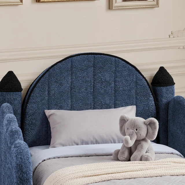 Alt view image 4 of 6 - Twin Size Castle Bed with Safety Guardrail and Curtain, Solid Bed Frame for Boucle Fabric, Navy, Boucle, Beds Frames