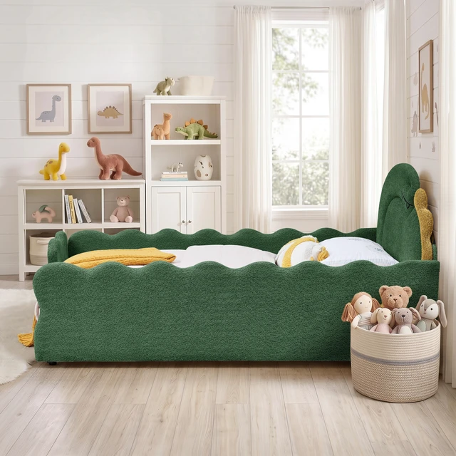 Alt view image 4 of 7 - Full Size Dinosaur Shaped Bed with Safety Guardraild, Solid Bed Frame for Boucle Fabric, Green, Boucle, Beds Frames
