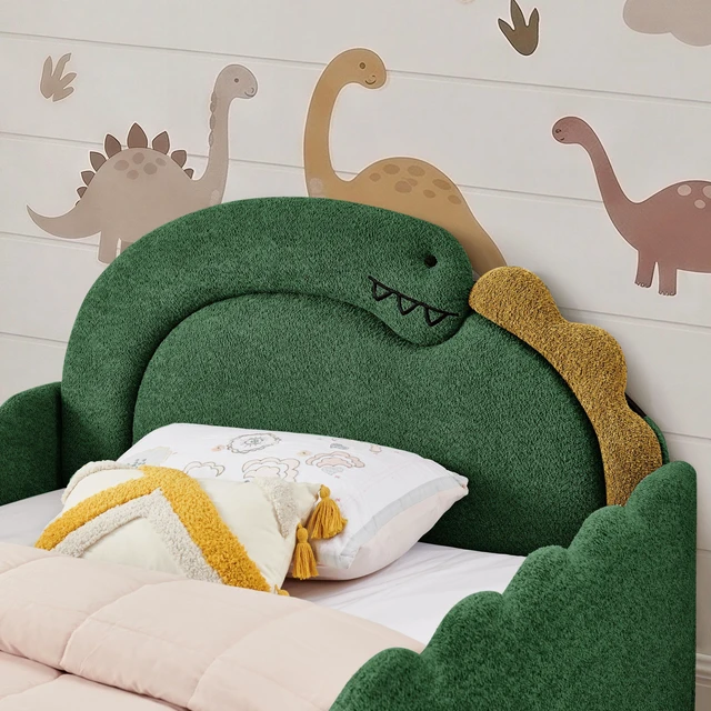 Alt view image 5 of 7 - Full Size Dinosaur Shaped Bed with Safety Guardraild, Solid Bed Frame for Boucle Fabric, Green, Boucle, Beds Frames