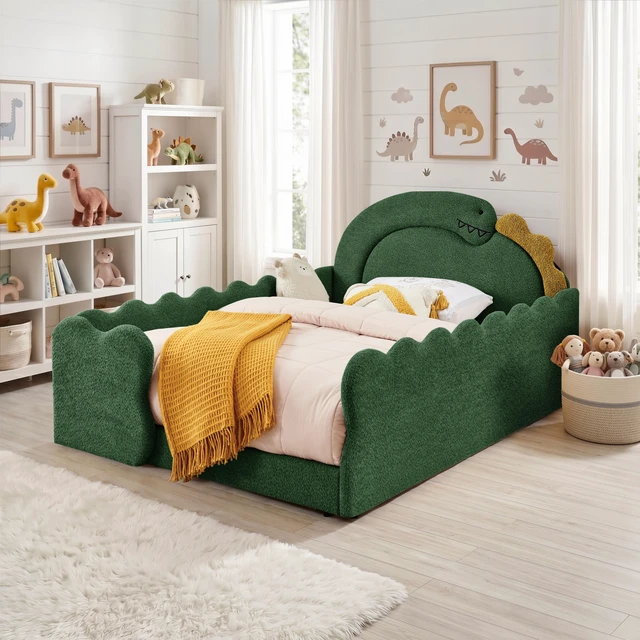 Alt view image 2 of 7 - Full Size Dinosaur Shaped Bed with Safety Guardraild, Solid Bed Frame for Boucle Fabric, Green, Boucle, Beds Frames