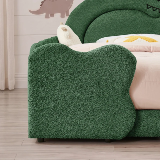 Alt view image 6 of 7 - Full Size Dinosaur Shaped Bed with Safety Guardraild, Solid Bed Frame for Boucle Fabric, Green, Boucle, Beds Frames