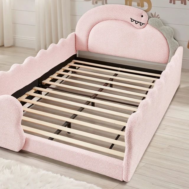 Alt view image 7 of 7 - Full Size Dinosaur Shaped Bed with Safety Guardraild, Solid Bed Frame for Boucle Fabric, Pink, Boucle, Beds Frames Bases
