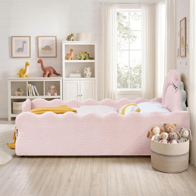Alt view image 4 of 7 - Full Size Dinosaur Shaped Bed with Safety Guardraild, Solid Bed Frame for Boucle Fabric, Pink, Boucle, Beds Frames Bases