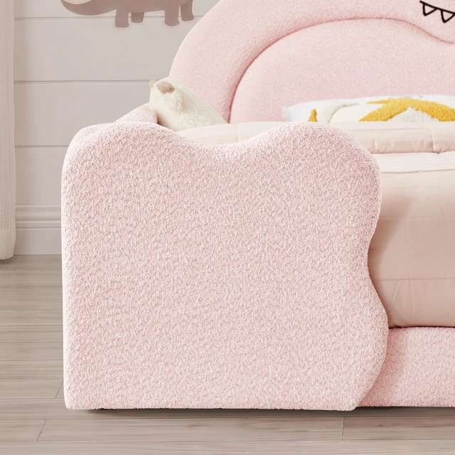 Alt view image 6 of 7 - Full Size Dinosaur Shaped Bed with Safety Guardraild, Solid Bed Frame for Boucle Fabric, Pink, Boucle, Beds Frames Bases