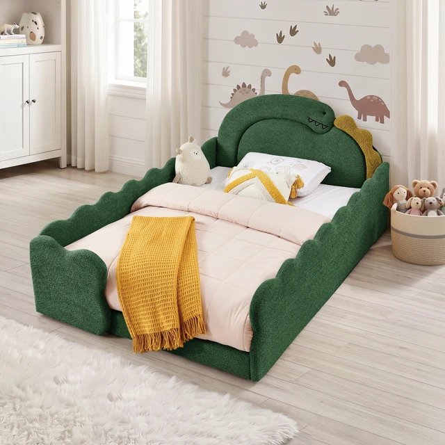 Alt view image 3 of 7 - Full Size Dinosaur Shaped Bed with Safety Guardraild, Solid Bed Frame for Boucle Fabric, Green, Boucle, Beds Frames