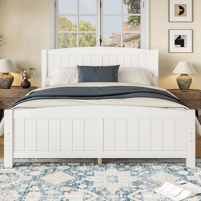 Alt view image 3 of 7 - Queen Size Platform Bed, Solid Platform Bed with Support Slats and Structure Box Spring Needed, Light White, MDF, Pine
