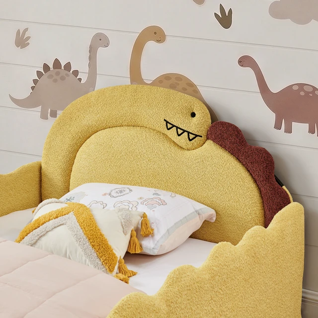 Alt view image 5 of 7 - Full Size Dinosaur Shaped Bed with Safety Guardraild, Solid Bed Frame for Boucle Fabric, Yellow, Boucle, Beds Frames