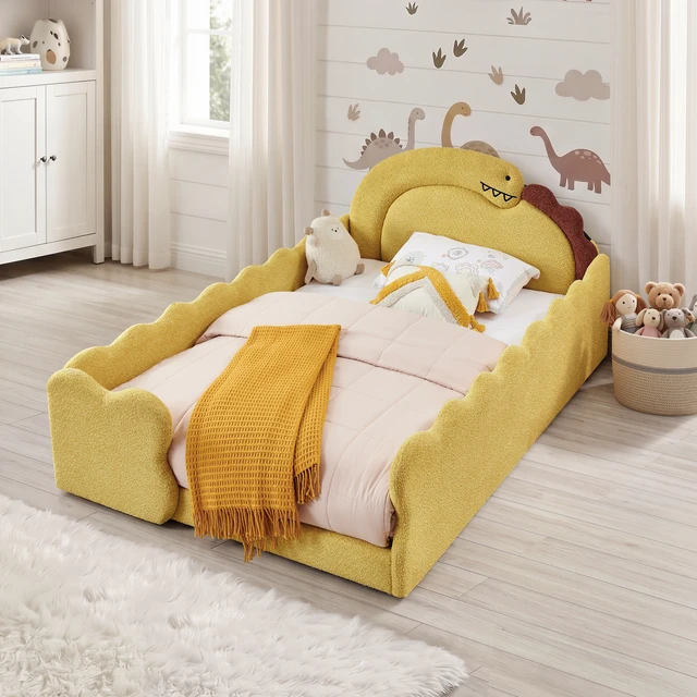Alt view image 3 of 7 - Full Size Dinosaur Shaped Bed with Safety Guardraild, Solid Bed Frame for Boucle Fabric, Yellow, Boucle, Beds Frames