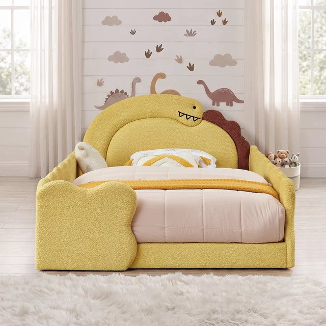 Main image of Full Size Dinosaur Shaped Bed with Safety Guardraild, Solid Bed Frame for Boucle Fabric, Yellow, Boucle, Beds Frames