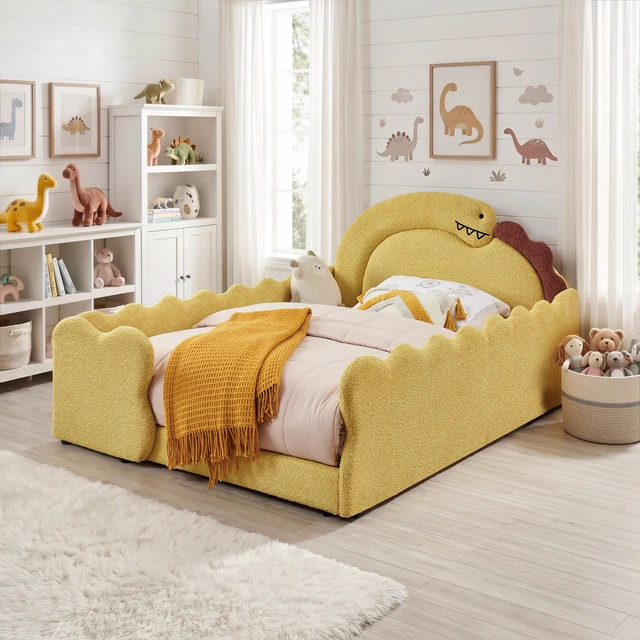 Alt view image 2 of 7 - Full Size Dinosaur Shaped Bed with Safety Guardraild, Solid Bed Frame for Boucle Fabric, Yellow, Boucle, Beds Frames