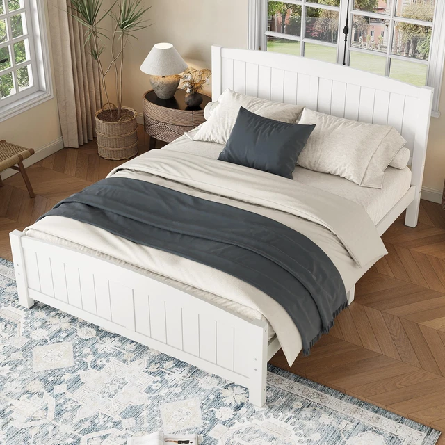 Main image of Queen Size Platform Bed, Solid Platform Bed with Support Slats and Structure Box Spring Needed, Light White, MDF, Pine