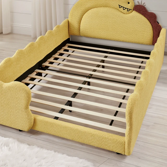 Alt view image 7 of 7 - Full Size Dinosaur Shaped Bed with Safety Guardraild, Solid Bed Frame for Boucle Fabric, Yellow, Boucle, Beds Frames