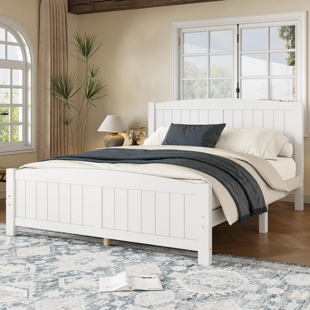 Alt view image 2 of 7 - Queen Size Platform Bed, Solid Platform Bed with Support Slats and Structure Box Spring Needed, Light White, MDF, Pine