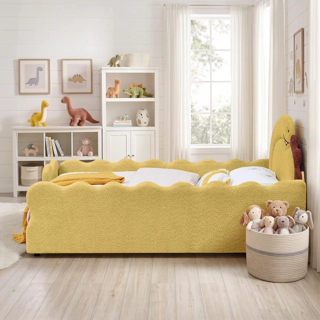 Alt view image 4 of 7 - Full Size Dinosaur Shaped Bed with Safety Guardraild, Solid Bed Frame for Boucle Fabric, Yellow, Boucle, Beds Frames
