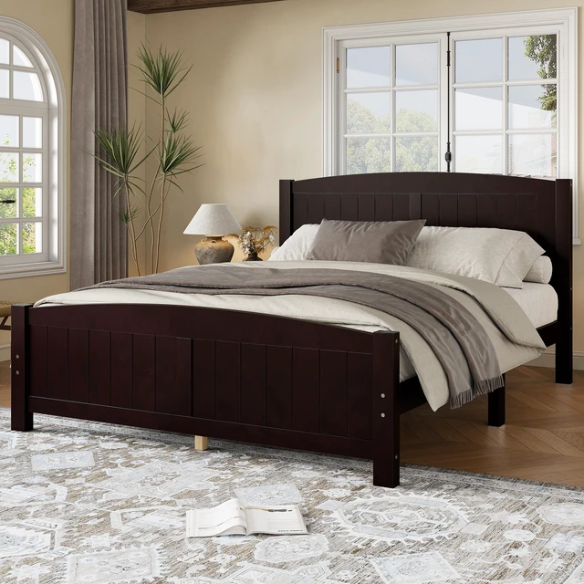 Main image of Queen Size Platform Bed, Solid Platform Bed with Support Slats and Structure Box Spring Needed, Espresso, MDF, Pine