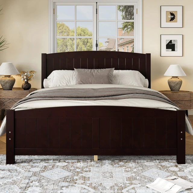 Alt view image 3 of 7 - Queen Size Platform Bed, Solid Platform Bed with Support Slats and Structure Box Spring Needed, Espresso, MDF, Pine