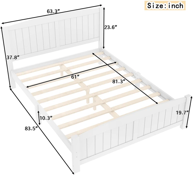 Alt view image 4 of 7 - Queen Size Platform Bed, Solid Platform Bed with Support Slats and Structure Box Spring Needed, Light White, MDF, Pine