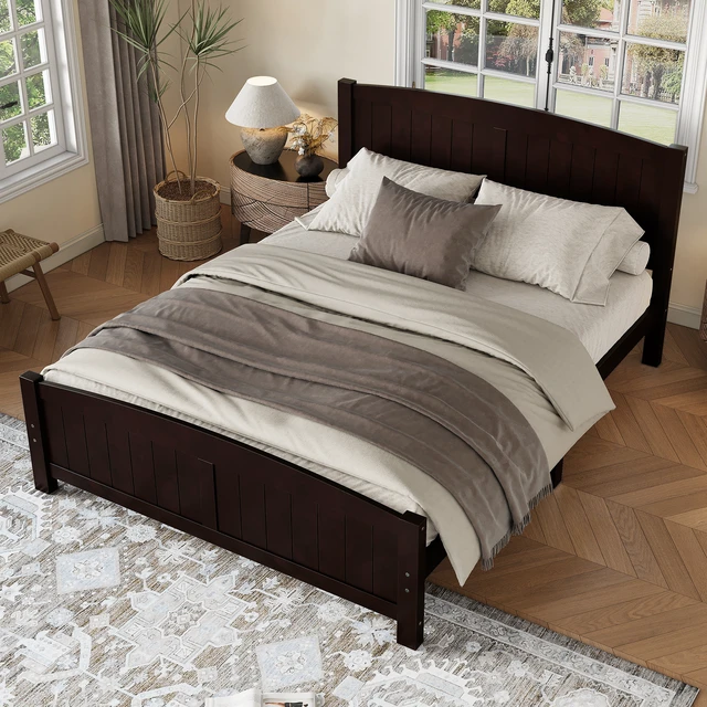 Alt view image 2 of 7 - Queen Size Platform Bed, Solid Platform Bed with Support Slats and Structure Box Spring Needed, Espresso, MDF, Pine