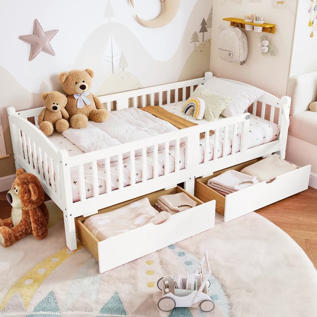 Alt view image 2 of 7 - Twin Platform Bed with Full Length Guardrails, Kids Platform Bed with Storage Drawers Childlike and Headboard Design