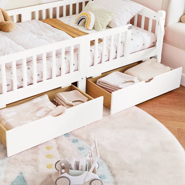 Alt view image 5 of 7 - Twin Platform Bed with Full Length Guardrails, Kids Platform Bed with Storage Drawers Childlike and Headboard Design