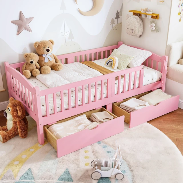 Alt view image 2 of 7 - Twin Platform Bed with Full Length Guardrails, Kids Platform Bed with Storage Drawers Childlike and Headboard Design