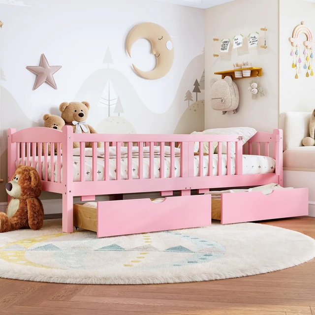 Main image of Twin Platform Bed with Full Length Guardrails, Kids Platform Bed with Storage Drawers Childlike and Headboard Design