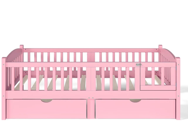 Alt view image 5 of 7 - Twin Platform Bed with Full Length Guardrails, Kids Platform Bed with Storage Drawers Childlike and Headboard Design