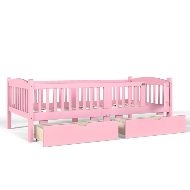 Alt view image 6 of 7 - Twin Platform Bed with Full Length Guardrails, Kids Platform Bed with Storage Drawers Childlike and Headboard Design