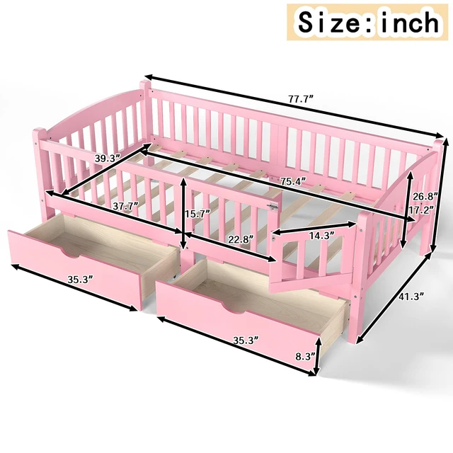 Alt view image 4 of 7 - Twin Platform Bed with Full Length Guardrails, Kids Platform Bed with Storage Drawers Childlike and Headboard Design