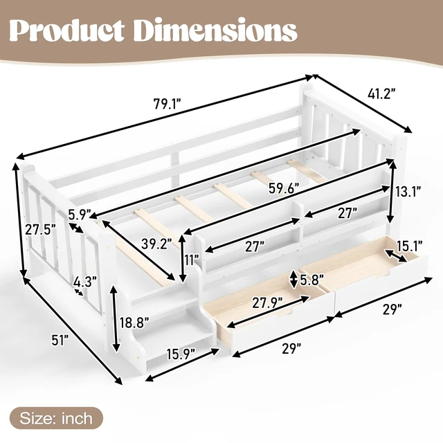 Alt view image 4 of 7 - Twin Size Floor Bed with Storage Bookcases and Drawers, Solid Kids Floor Bed with Stairs and Guardrails Box Spring