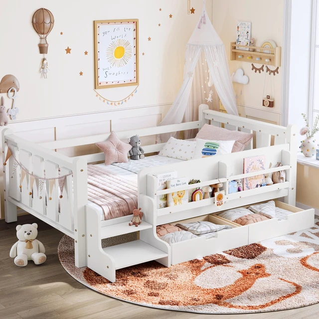 Main image of Twin Size Floor Bed with Storage Bookcases and Drawers, Solid Kids Floor Bed with Stairs and Guardrails Box Spring