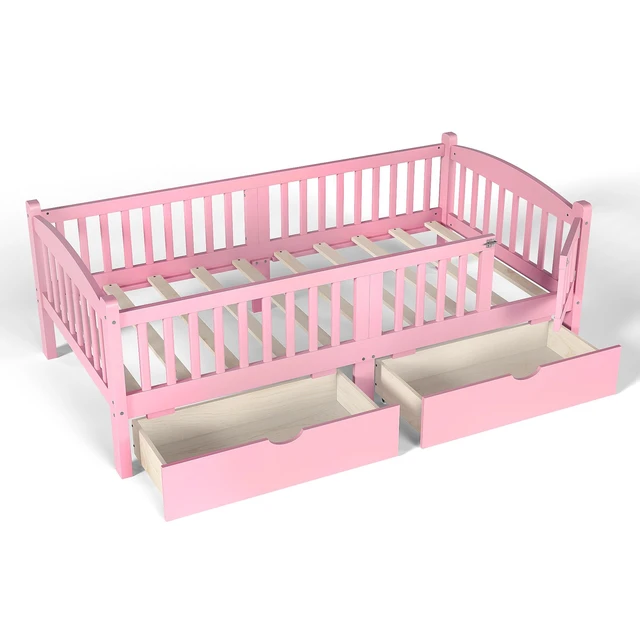 Alt view image 7 of 7 - Twin Platform Bed with Full Length Guardrails, Kids Platform Bed with Storage Drawers Childlike and Headboard Design