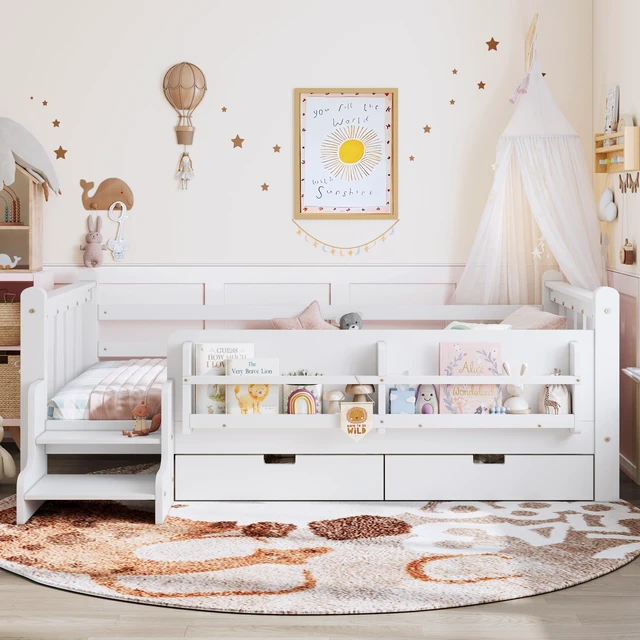Alt view image 2 of 7 - Twin Size Floor Bed with Storage Bookcases and Drawers, Solid Kids Floor Bed with Stairs and Guardrails Box Spring