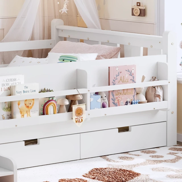 Alt view image 5 of 7 - Twin Size Floor Bed with Storage Bookcases and Drawers, Solid Kids Floor Bed with Stairs and Guardrails Box Spring