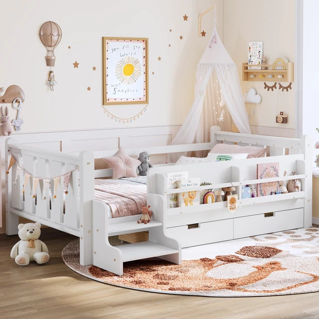 Alt view image 3 of 7 - Twin Size Floor Bed with Storage Bookcases and Drawers, Solid Kids Floor Bed with Stairs and Guardrails Box Spring