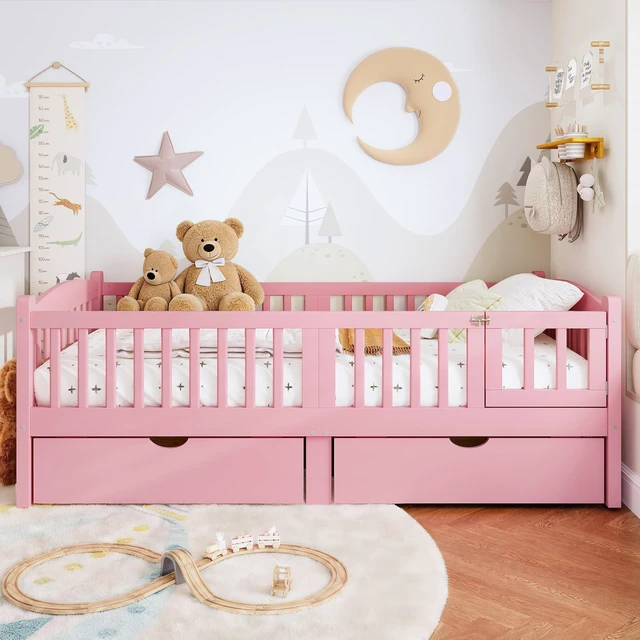 Alt view image 3 of 7 - Twin Platform Bed with Full Length Guardrails, Kids Platform Bed with Storage Drawers Childlike and Headboard Design