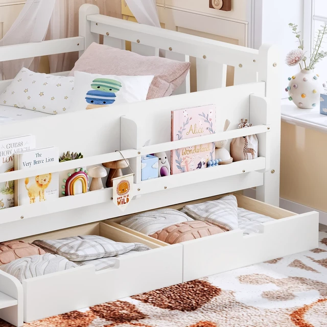 Alt view image 7 of 7 - Twin Size Floor Bed with Storage Bookcases and Drawers, Solid Kids Floor Bed with Stairs and Guardrails Box Spring