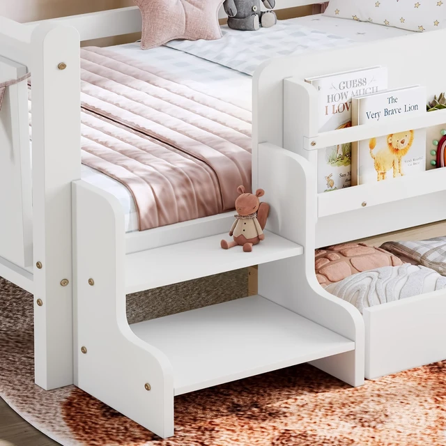 Alt view image 6 of 7 - Twin Size Floor Bed with Storage Bookcases and Drawers, Solid Kids Floor Bed with Stairs and Guardrails Box Spring