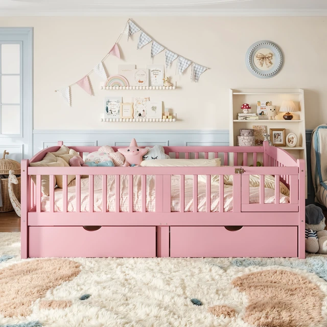 Alt view image 3 of 7 - Full Platform Bed with Full Length Guardrails, Kids Platform Bed with Storage Drawers Childlike and Headboard Design