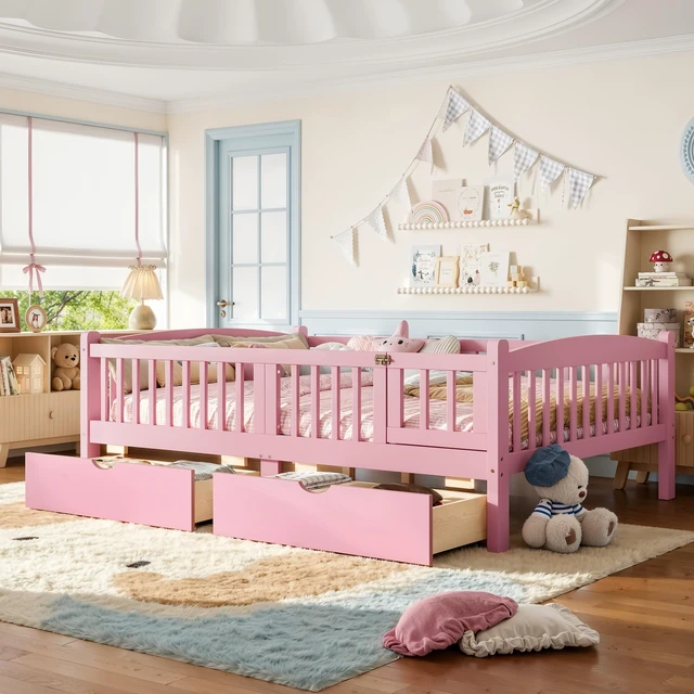 Main image of Full Platform Bed with Full Length Guardrails, Kids Platform Bed with Storage Drawers Childlike and Headboard Design