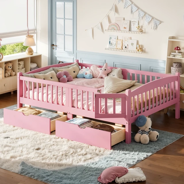 Alt view image 2 of 7 - Full Platform Bed with Full Length Guardrails, Kids Platform Bed with Storage Drawers Childlike and Headboard Design