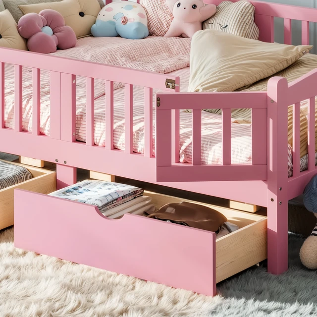 Alt view image 5 of 7 - Full Platform Bed with Full Length Guardrails, Kids Platform Bed with Storage Drawers Childlike and Headboard Design