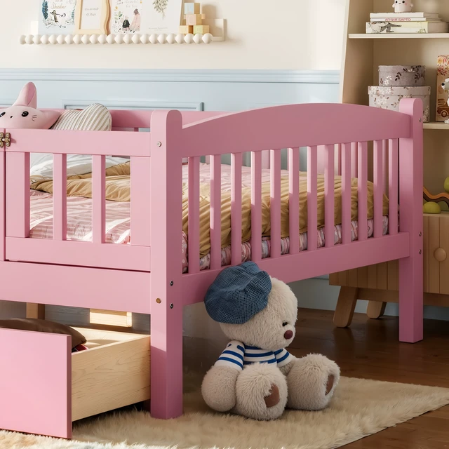 Alt view image 6 of 7 - Full Platform Bed with Full Length Guardrails, Kids Platform Bed with Storage Drawers Childlike and Headboard Design